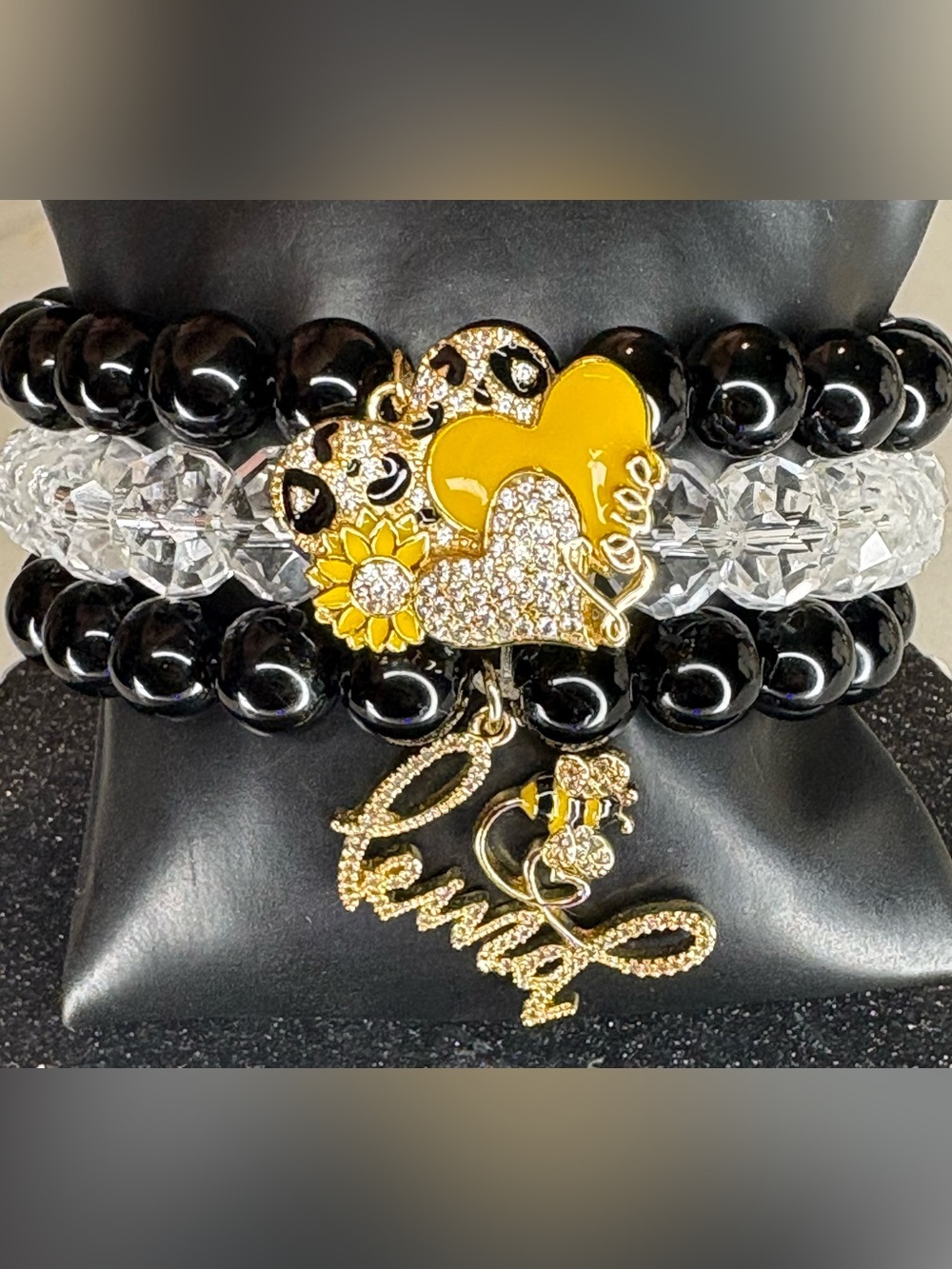 Gold & Black Heart Charm Stretch Bracelet Set - Love Pendant
